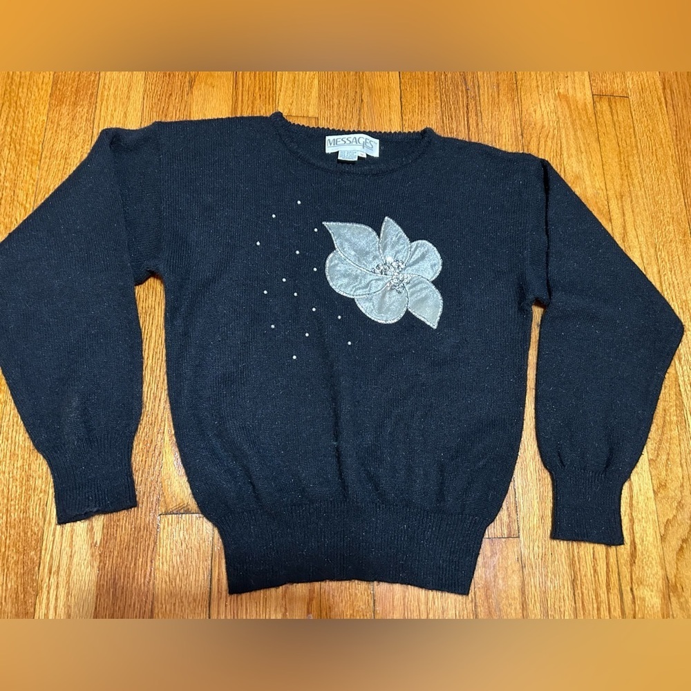 Vintage Silver  Embellished Floral Black Sweater With Beads Size Medium